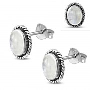 Large Oval Rainbow Moonstone Stud Silver Earrings, e336